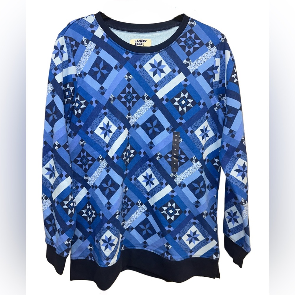 New LANDS' END Sweatshirt Womens Med Serious Sweats Navy Prosperity Quilt Blue